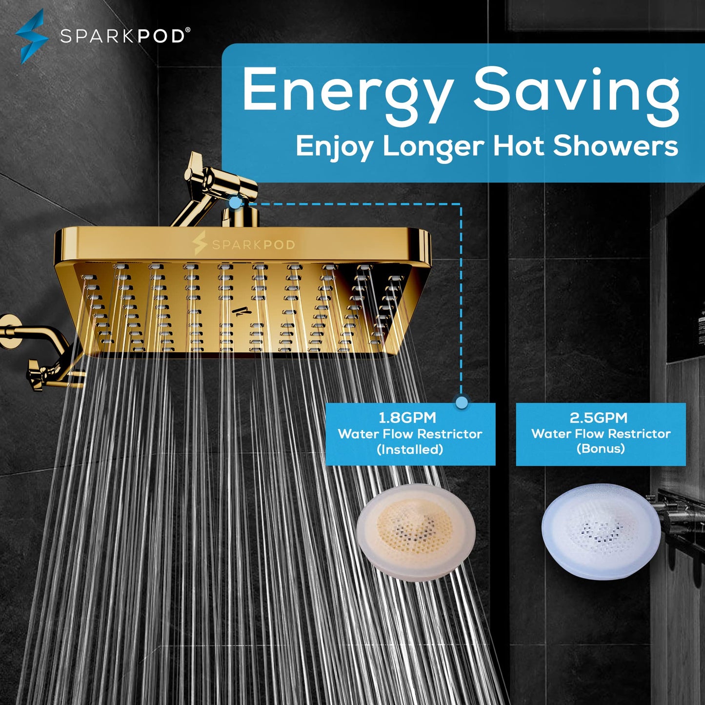 SparkPod Shower Head - High Pressure Rain - Premium Quality Luxury Design - Easy Clean Adjustable Replacement for Your Bathroom Shower Heads (Egyptian Gold, 8 Inch Square)