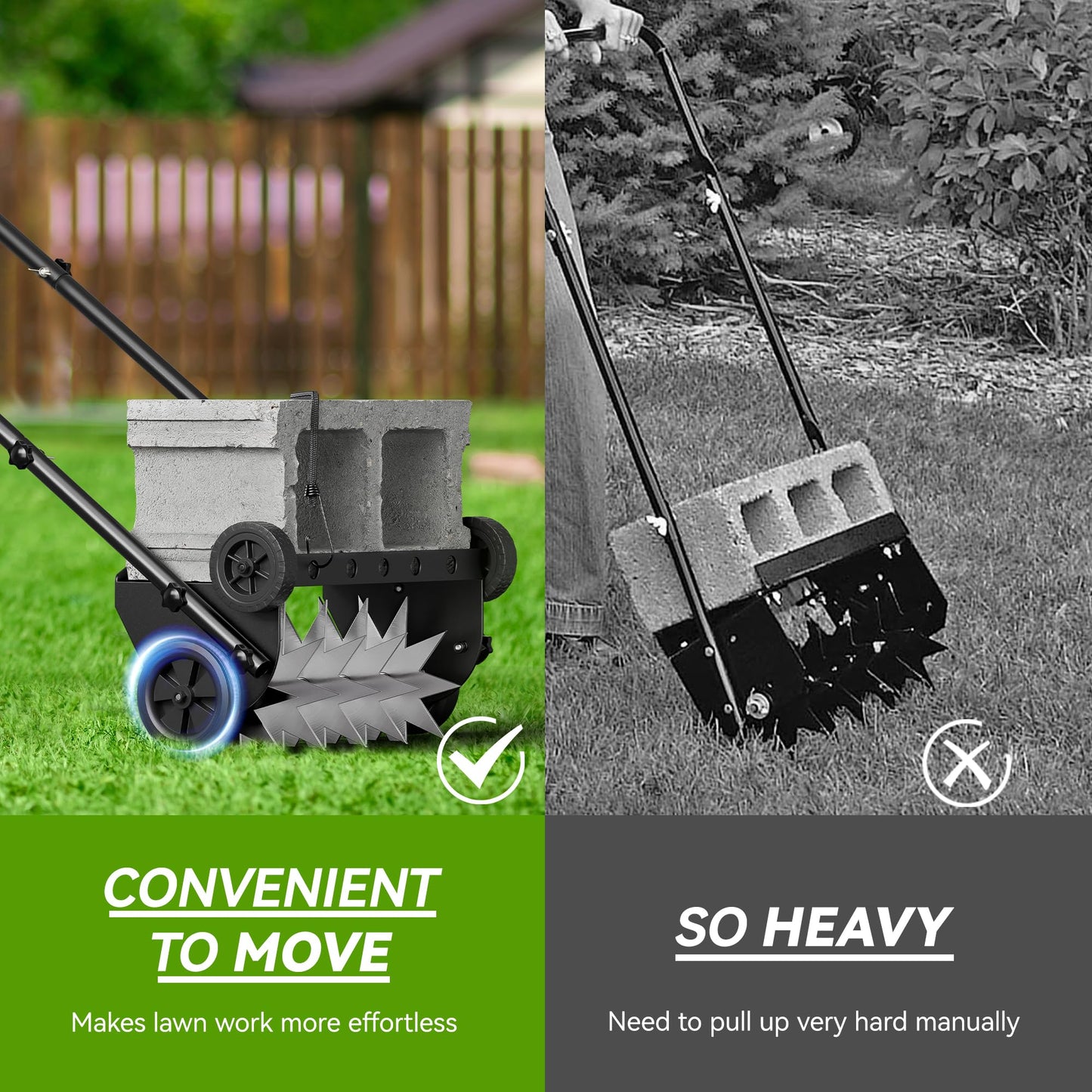 Lineware 18-Inch Lawn Aerator,Heavy Duty Push Spike Aerator with 4 Wheels,Aerator Lawn Tool with Steel Handle, Manual Aerator Lawn Tool with Foam Armrests, Suitable for Lawn, Garden and Yard