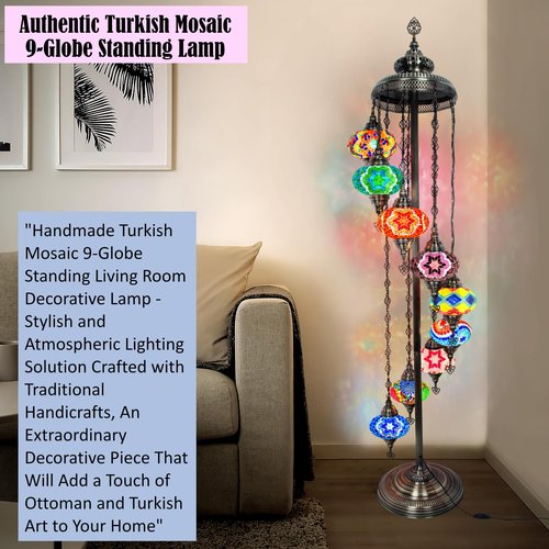 Tall Standing Lamp, Mid Century Boho Floor Lamp for Living Room, Bedroom, or Nightstand - Unique Turkish Tiffany Style with Stained Glass, Moroccan Design, Big 7'' 9 Globe Mosaic (Mix Different)