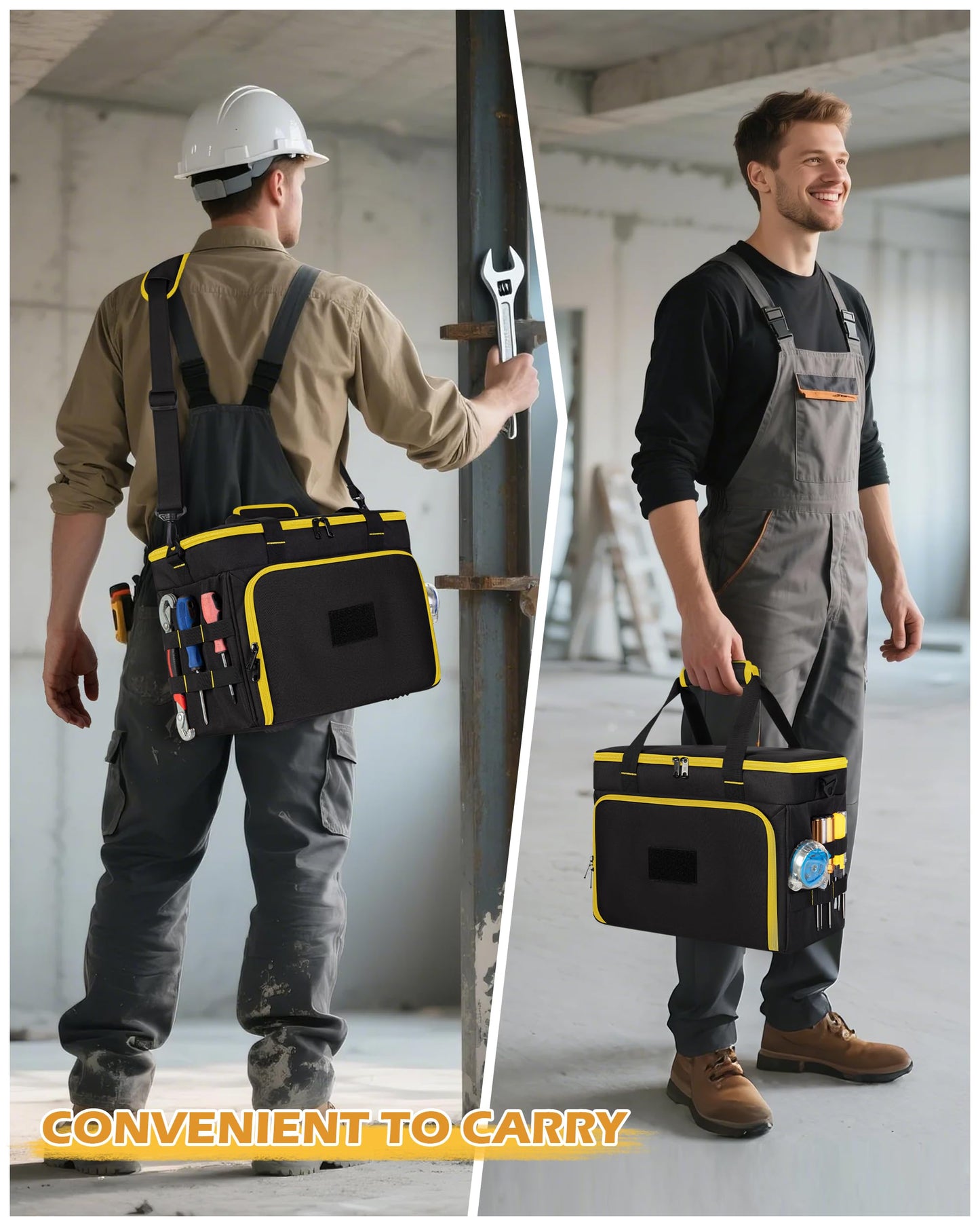 Marscamd 2 Layers Tool Bag with 3 Clear Window Removable Cases, Heavy Duty Tool Tote with Molle Webbing and Detachable Shoulder Strap, Black/Yellow