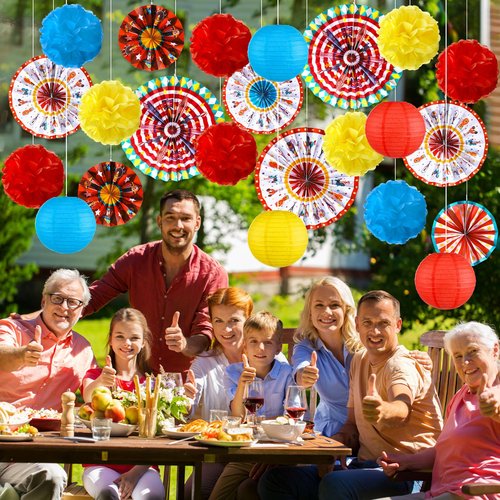 Outus 21 Pcs Carnival Party Decorations with Circus Hanging Paper Lanterns Fans Red Yellow Blue Paper Pom Poms Tissue Flowers for Carnival Circus Birthday Baby Shower Party Favors Supplies