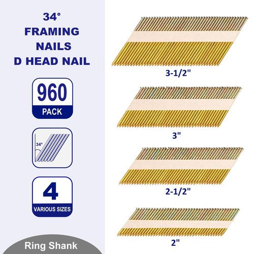 HW HAMWOO 34°Framing Nails,D Head Nail Pack,960-Pack (2"- 240Pcs,2-1/2"- 240Pcs,3"- 240Pcs, 3-1/2"- 240Pcs),Galvanized Paper Tape Strip Nails,Ring Shank,for 30 to 34 Degree Framing Nailer