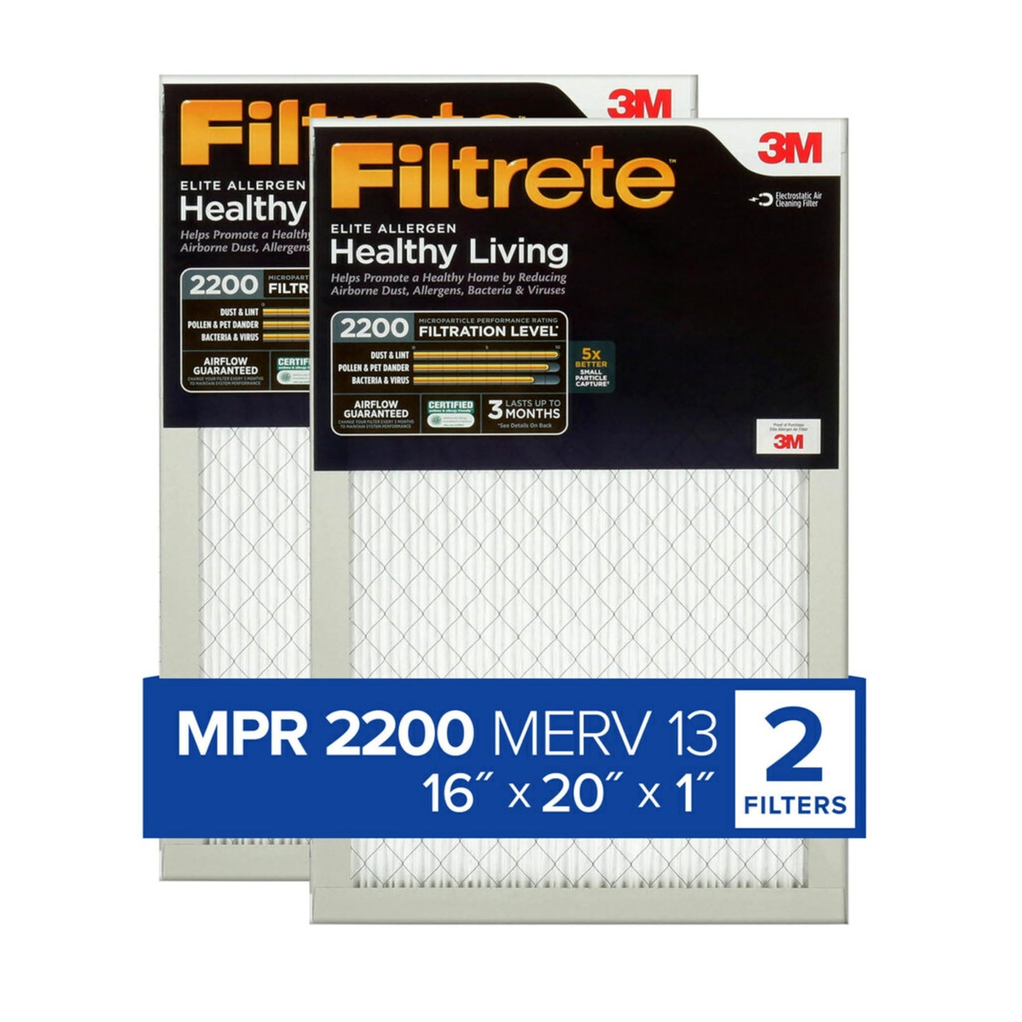 Filtrete 16x20x1 AC Furnace Air Filter, MERV 13, MPR 2200, Elite Allergen, Bacteria & Virus Filter, 3-Month Pleated 1-Inch Electrostatic Air Cleaning Filter, 2-Pack (Actual Size 15.69x19.69x0.78 in)