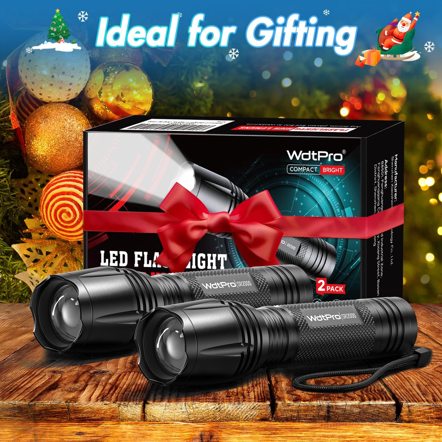 WdtPro LED Flashlight High Lumens SR2000 Pro, 2 Pack Brighter Tactical Flashlights with 5 Modes & Zoomable, Powerful Mini Flash Light for Emergency, Camping, Hiking (Black)