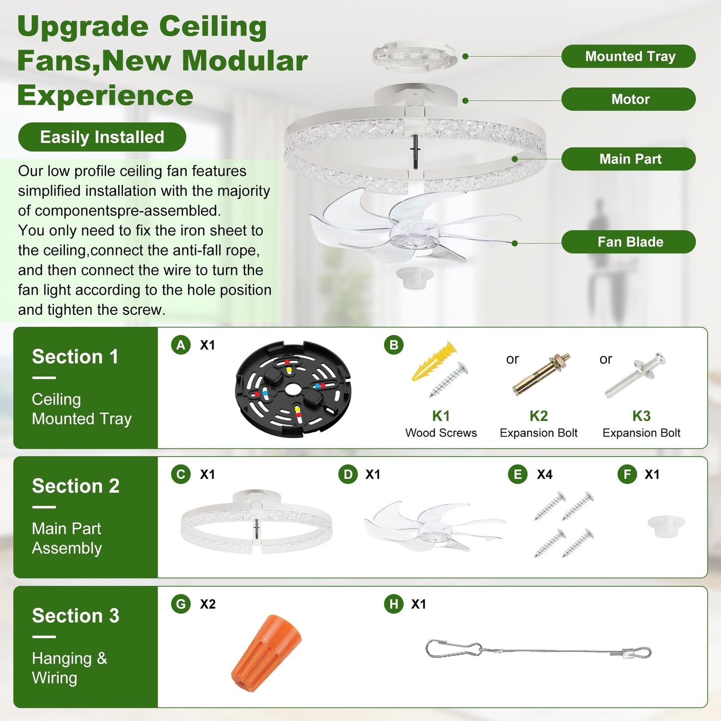 HULKNPE Smart Ceiling Fans with Lights 20" Low Profile Ceiling Fan with Light and Remote Modern Flush Mount Modern LED Ceiling Fan Dimmable Reversible Noiseless 6 Speeds for Bedroom Kids Room Kitchen