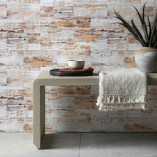 STICKGOO 50-Piece Subway Tile Peel and Stick Backsplash, 4"x 8" Thickened PVC Stick on Tiles for Kitchen, Bathroom, Camper, Fireplace（Yellow Distressed Wood Grain）
