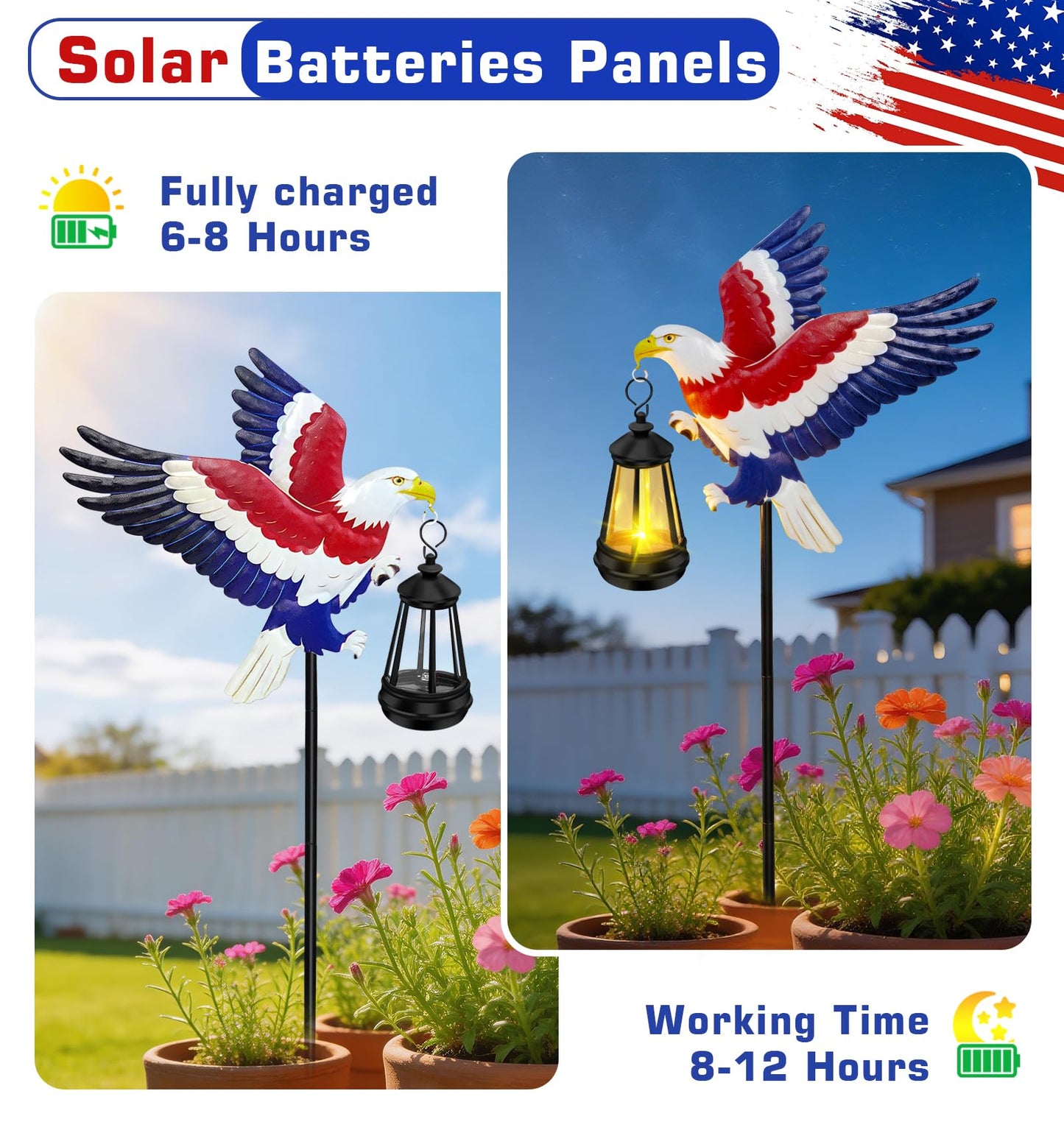 4th of July Decorations Outdoor Solar Lights, Solar Eagle Garden Lights with Lantern, Patriotic Eagle Stake Light for Yard Lawn Garden Patio, USA 250th Anniversary Decor for Memorial Day Veterans Day