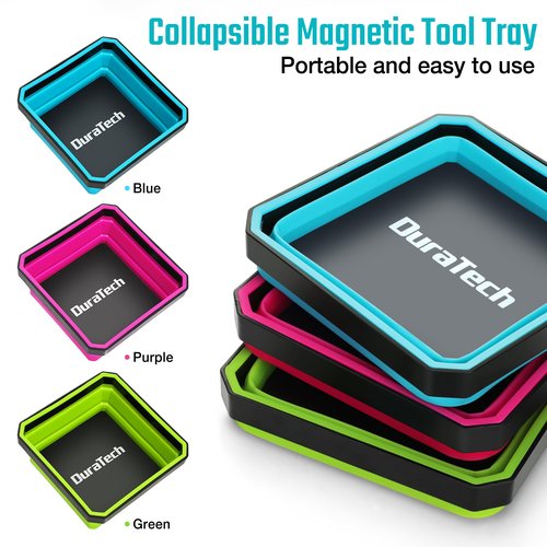 DURATECH Magnetic Foldable Parts Tray Set, 3 Pack Collapsible Silicone Tool Tray Set with Double-Sided Magnetic Base for Organizing Screw Bolts Nuts Washers Pins and Other Small Metal Parts