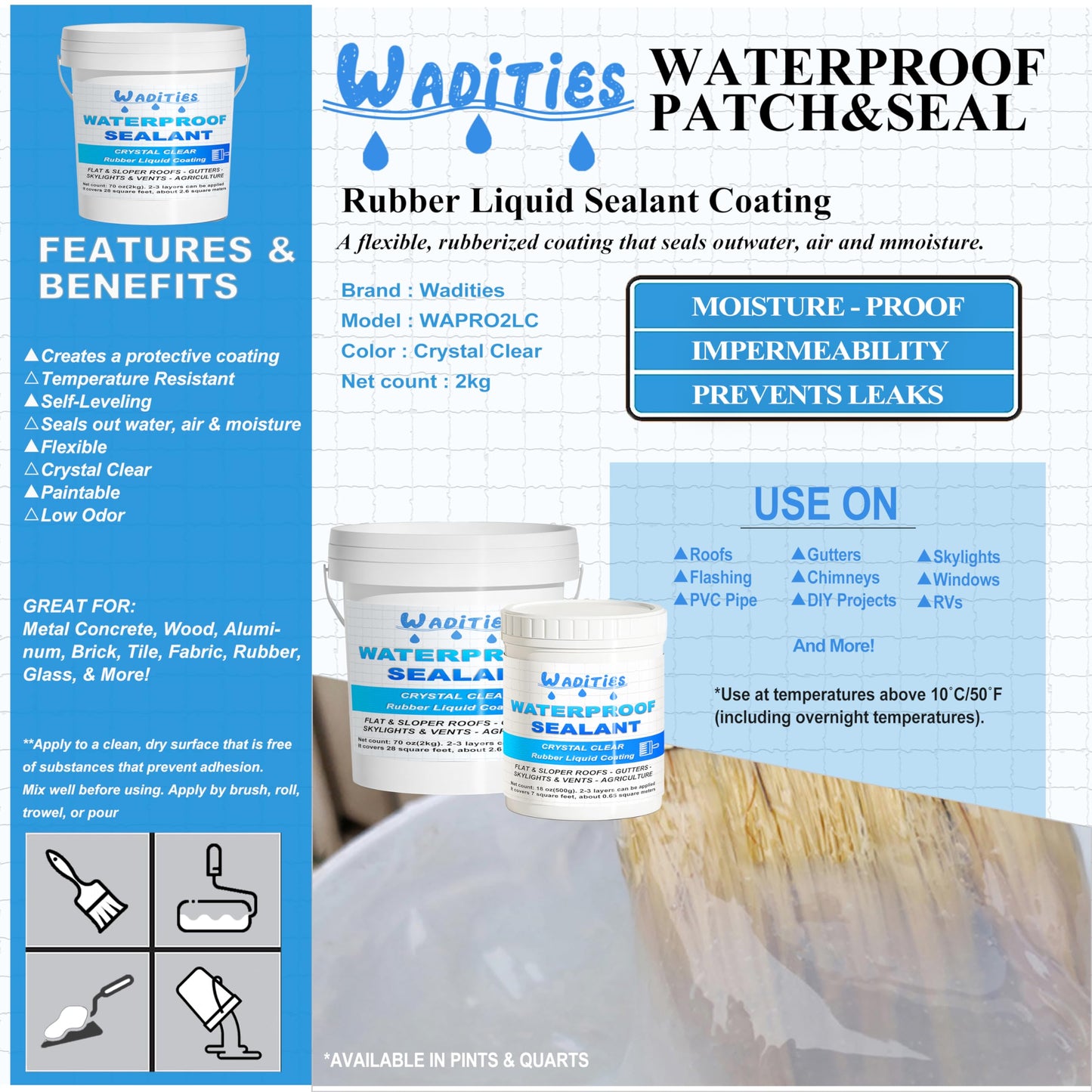Waterproof Sealant Clear 2L(70 oz), Wadities Wall Bathroom Roof Water-Based Waterproof Coating, Invisible Repairing Leak Seal Liquid Rubber Sealant for Indoor & Outdoor