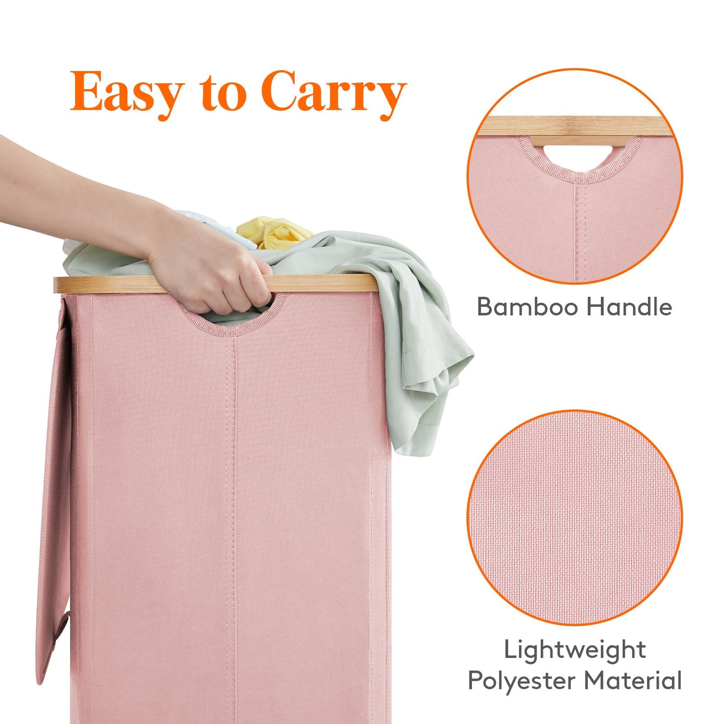 Lifewit 100L Laundry Basket with Lid, Clothes Hampers for Laundry with Bamboo Handles and 1 Removable Bag, Large Foldable Laundry Hamper for Bedroom, Bathroom, Dorm, Laundry Room, Pink