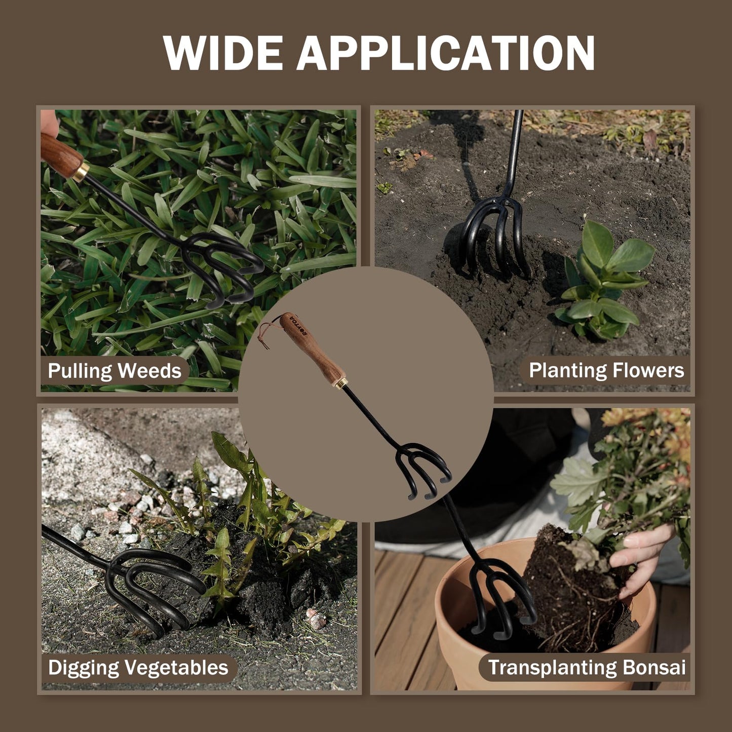 Gardening Tools Hand Rake, Stainless Steel Cultivator for Digging, Aerating Soil, and Weeding, Heavy Duty Garden Tool with Hanging Hole,Gardening Gifts for Women/Men