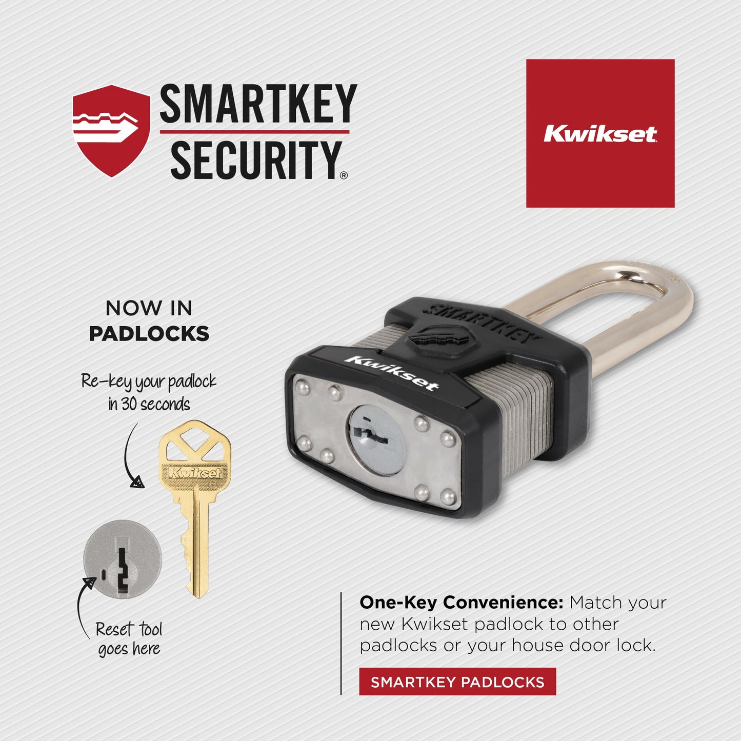 Kwikset SmartKey Re-Keyable Laminated Steel Padlock with Stainless Steel Shackle, Outdoor Gate and Storage Lock, 2 in Body, 2-1/2 in Shackle, 1 Pack, Silver