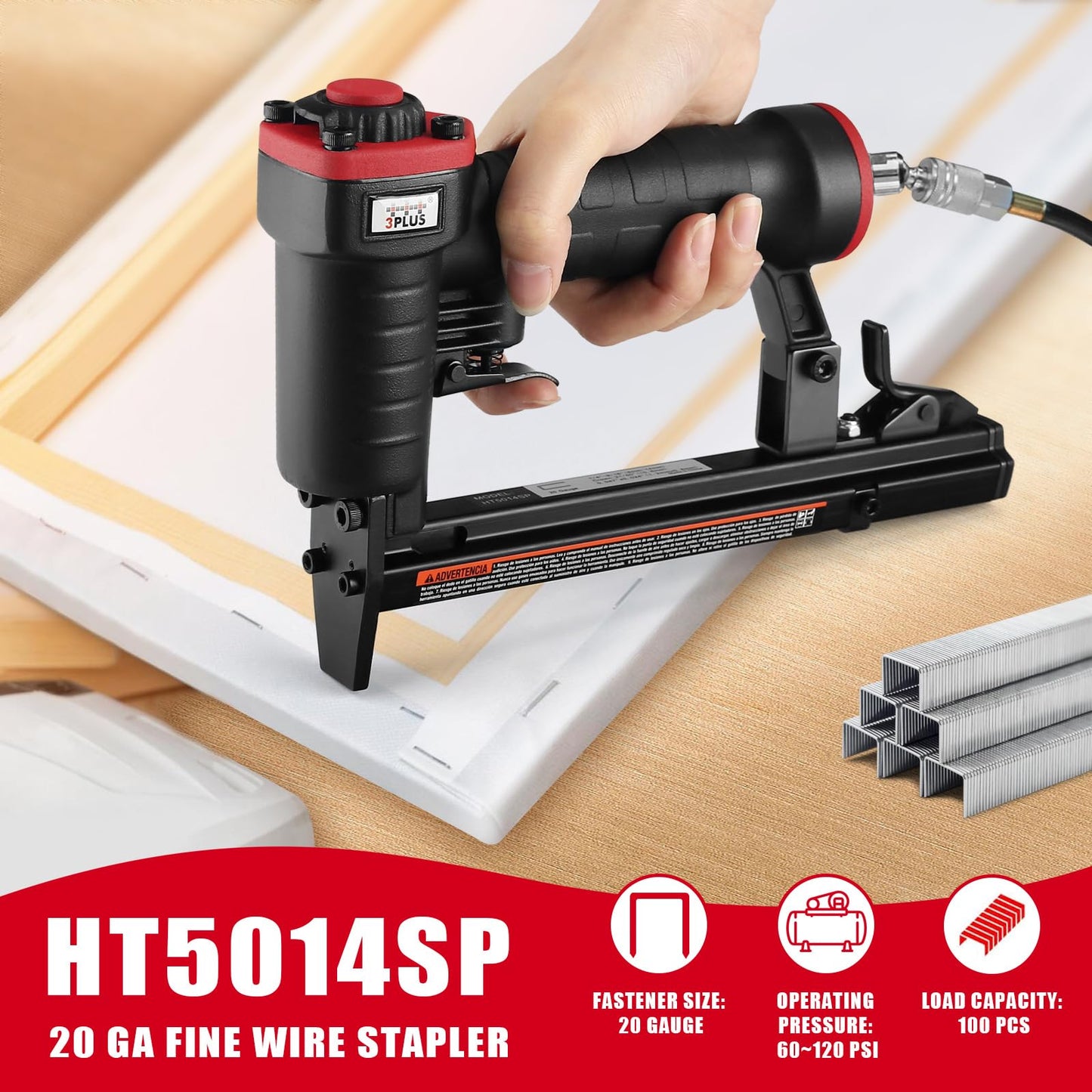 3PLUS HT5014SP Pneumatic 20 Gauge Stapler, T50 Upholstery Stapler, 1/4-Inch to 9/16-Inch