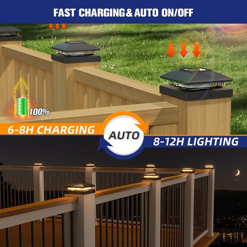 APONUO Solar Post Cap Lights for 4x4 Posts, Bright Warm White LED Post Cap Lights Solar Powered, IP64 Waterproof & All-Night Lighting, Black 16 Pack – Deck, Fence, Patio Light (Easy Install)