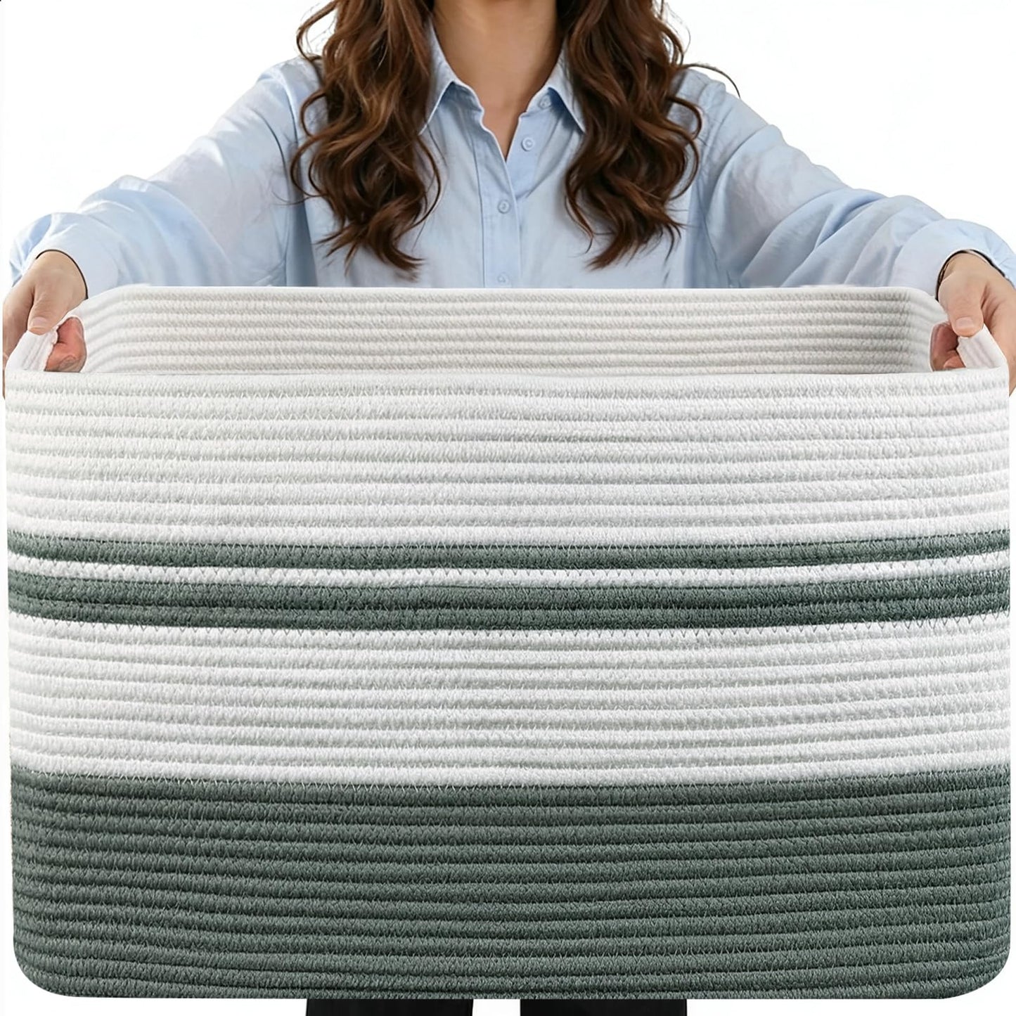 HOBASKET 75L Large Blanket Basket, 22"x17"x12"Rectangle Cotton Rope Woven Storage Basket with Handles, Laundry Hamper for Living Room, Nursery, Bedroom - Chemical-Free, Kid & Pet Safe - Sage Green