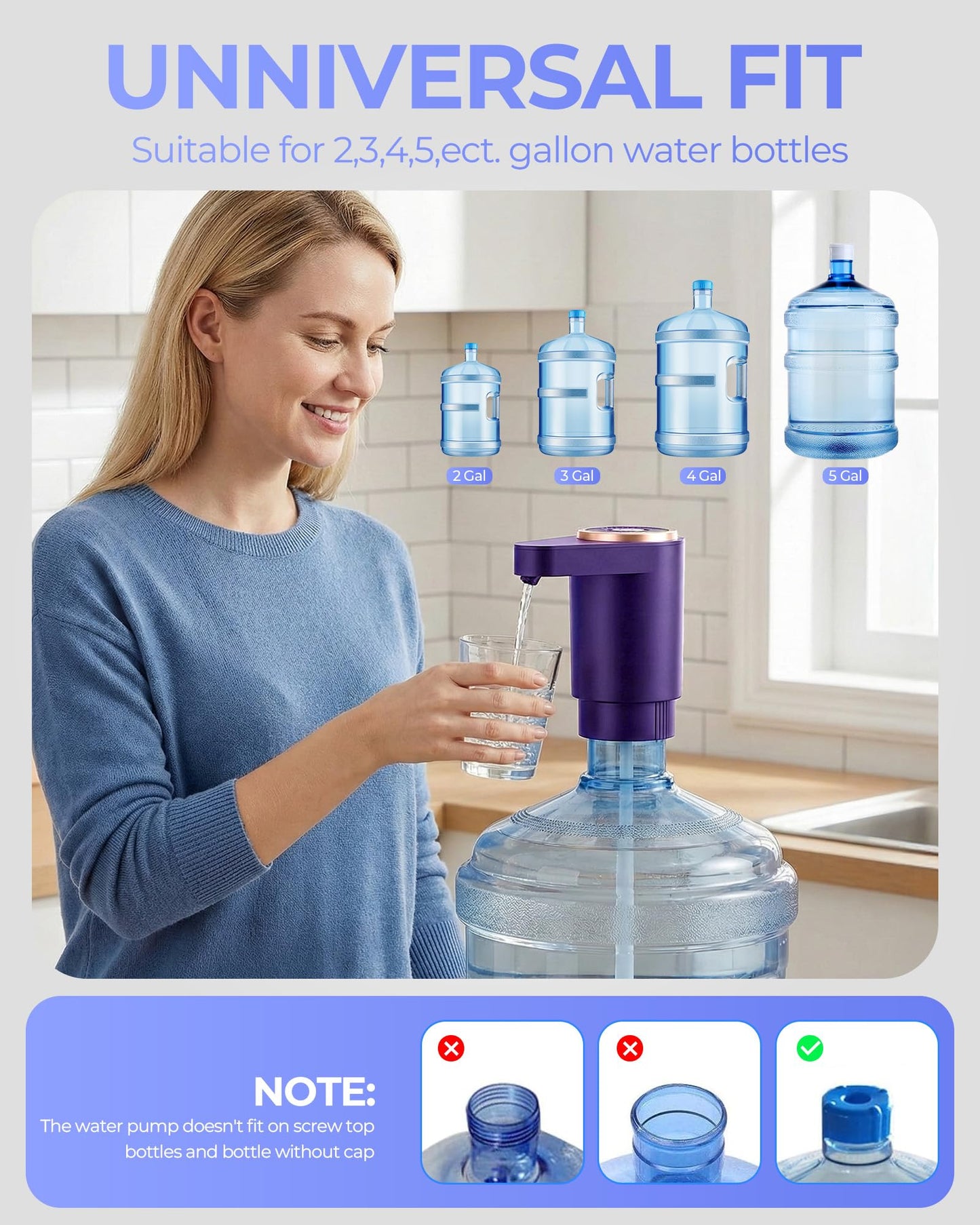 Cozycharm Water Jug Pump for 5 Gallon Bottle – Portable Electric USB-C Charging Dispenser, Dual Powerful Motors, Fast Flow, Fits 2-5 Gallon Jugs – Ideal for Home, Office, Camping, RV, Dark Purple