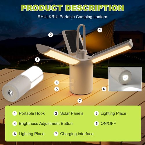 Solar Camping Lantern 8000mAh–Rechargeable,Foldable Camping Light,Stepless Dimming,Flashlight & SOS Modes,USB Charging,Waterproof & Portable Handle,Ideal for Camping,Emergency,Travel,Outdoor,Home Use