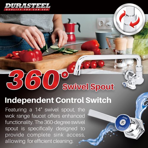 DuraSteel Wall Mounted Commercial Kitchen Wok Range Faucet with 14-Inch Swivel Spout - Single Hole Body & Handle - Brass Constructed & Chrome Polished