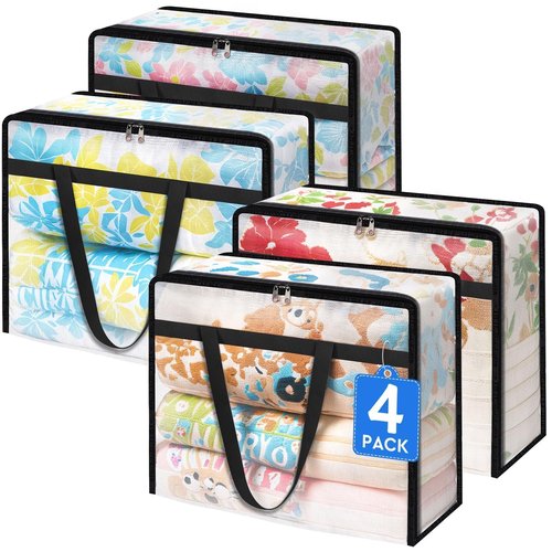 BlissTotes 4 Pack Clear Clothes Storage Bags, Under Bed Storage Containers, Foldable Blanket Storage Moving Bags with Sturdy Zipper and Handle for Clothing, Comforter, Bedding, Sheet (40L)