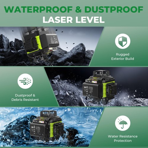 16 Line Laser Level 360 Self Leveling, 4x360°Professional 4D Green Cross Line laser Level with 2 Batteries, Adjustable Brightness & Remote Control, for Tiling Floor Construction and Picture Hanging