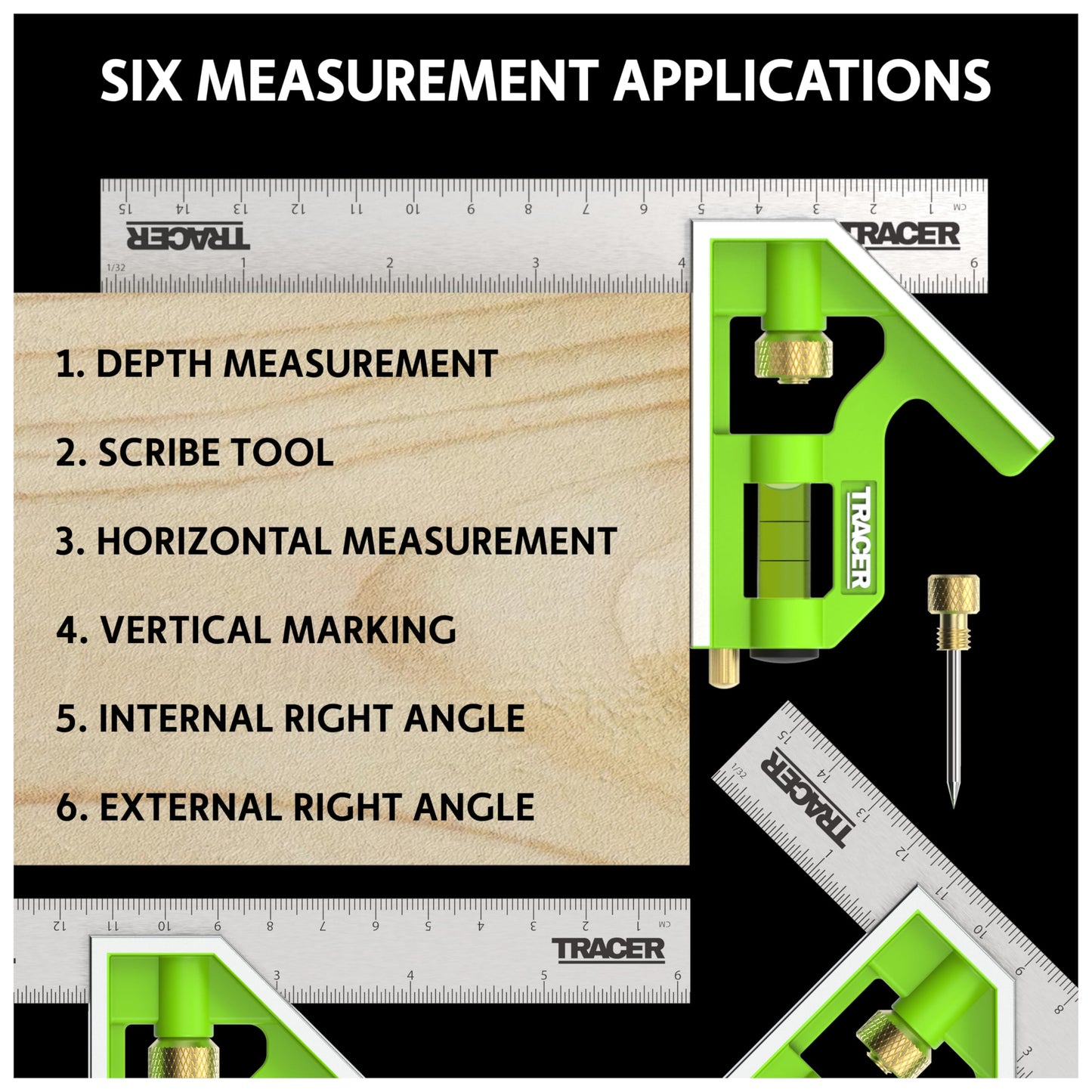 TRACER 6 Inch Combination Square with Level | Adjustable Square Tool for Woodworking Carpenter | Metric & Imperial Ruler | Stainless Steel Combo Square | Escuadras de Carpintero | Built in Scribe Tool