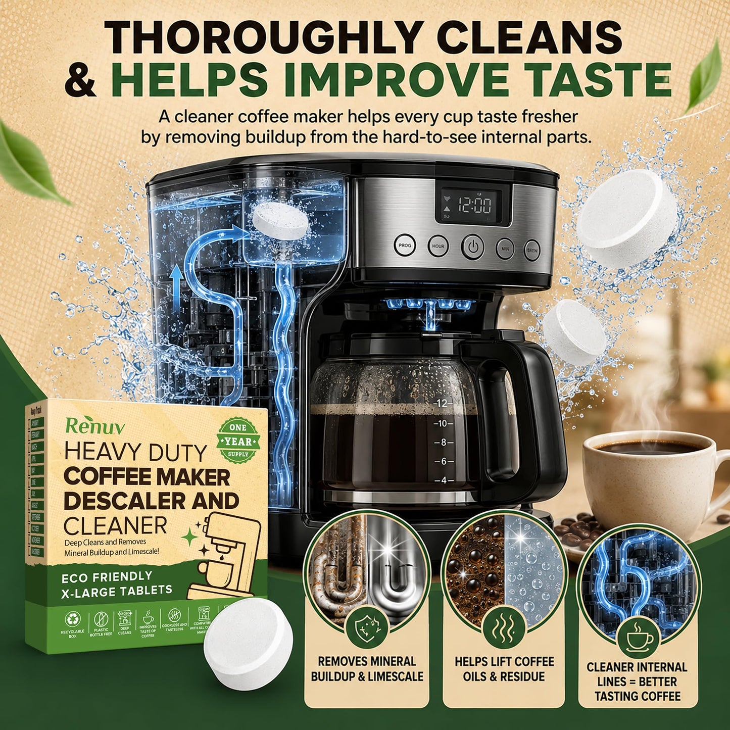 Renuv® Coffee Maker Cleaner & Descaler Tablets, 12 Uses