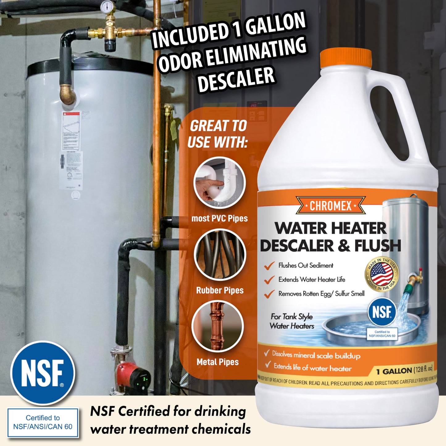 Powered Titanium Anode Rod Kit for Water Heater 40-89 Gallon with NSF Certified Flush and Descale Solution, Not for Bradford White