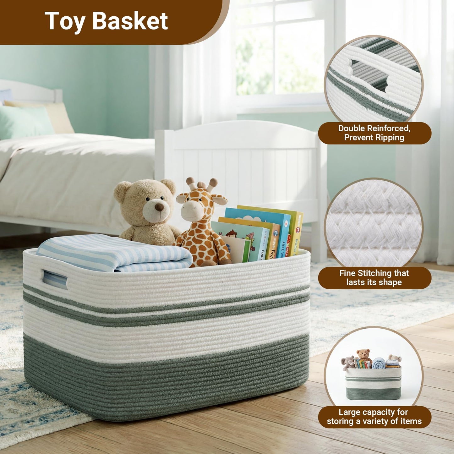 HOBASKET 75L Large Blanket Basket, 22"x17"x12"Rectangle Cotton Rope Woven Storage Basket with Handles, Laundry Hamper for Living Room, Nursery, Bedroom - Chemical-Free, Kid & Pet Safe - Sage Green
