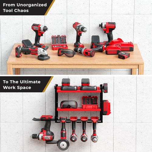 BUILTSTRONG Power Tool Organizer-6 Drill Holder Wall Mount, 3 Tier Heavy-Duty Hand Tool Storage Rack, Utility Racks, Drill Holder, 2 Pegboard Sides - Garage Storage Cordless Tool Organizer (Red)