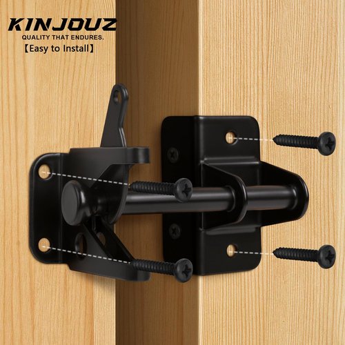 KINJOUZ Self Locking Gate Latch for Wooden Fence, Heavy Duty Automatic Gravity Fence Latch for Wood Metal Gate, Gate Hardware Door Lock for Outdoor Pool Garden Shed, Black, 1Pack