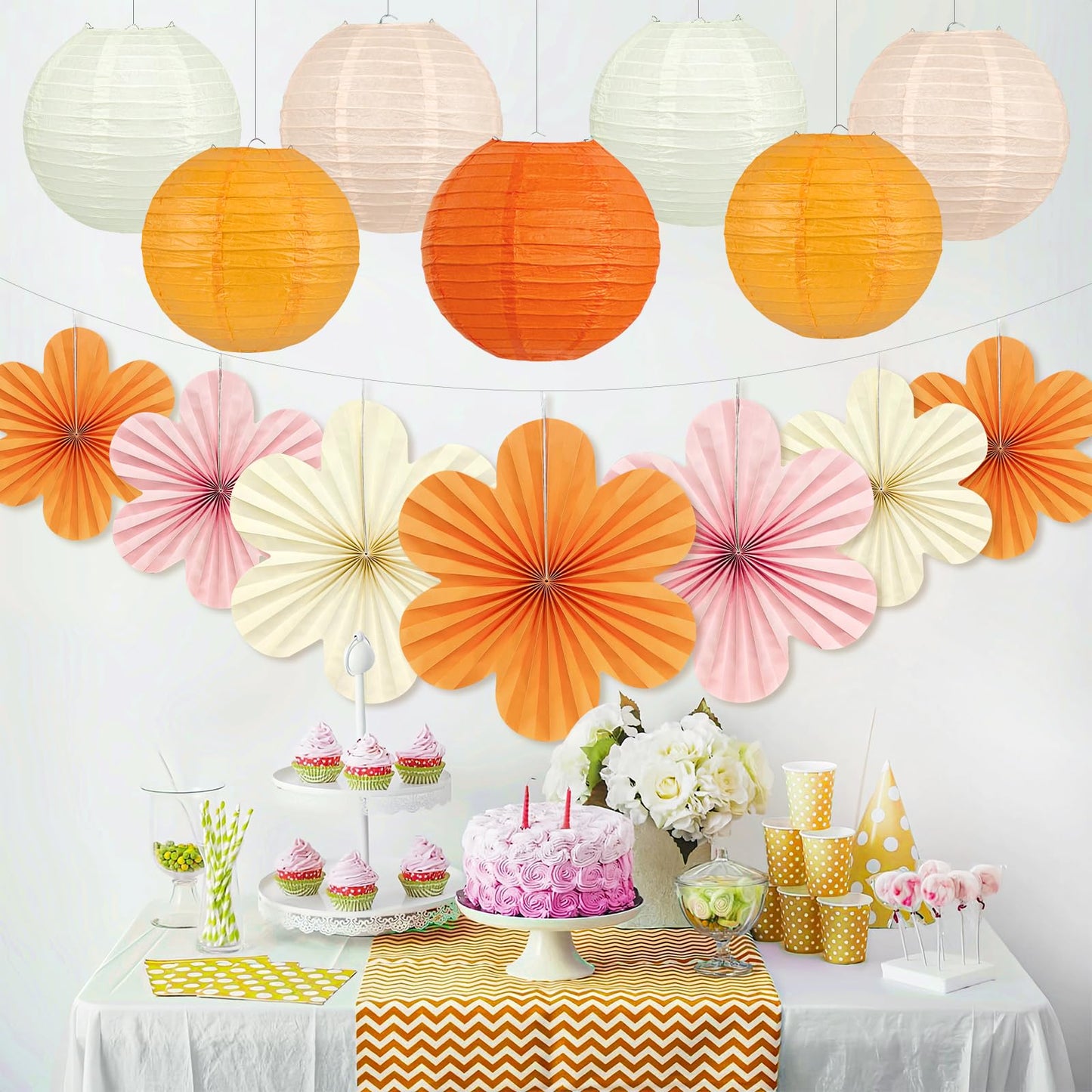 18 Pcs Autumn Pink and Orange Party Decorations Set, Hanging Paper Lanterns Paper Flowers Fans for Girls Women Wall Baby Shower One Sweet Peach Birthday Thanksgiving Bachelorette Sunset Party Decor