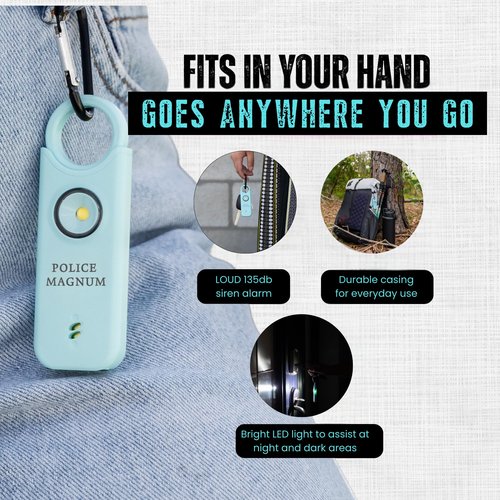 Police Magnum Personal Safety Alarm & Pepper Spray Combo Self Defense Pack for Women- Loud 135db Siren with Light & Max Strength Flip Top Pepper Spray Protection (Teal)