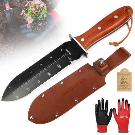 EZUVITA Hori Hori Garden Knife, Gardening Tools with Leather Sheath for Weeding, Gardening, Digging, 7” Stainless Steel Blade with Black Electrophoresis Coating, Double Cutting Edge, Full Tang Wood Handle with Hanging Hole, Fathers Day Gift