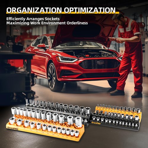 Socket Organizer for Tool Box Drawer, GRENPRO 6pc 143 Metric & SAE Magnetic Socket Holder, 1/4", 3/8", 1/2" Drive Socket Tray Set, Magnetic Socket Organizer