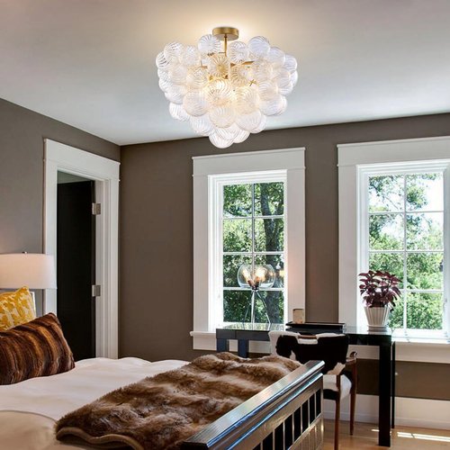 BeyPan Semi Flush Mount Ceiling Bubble Ball Chandelier Lighting Dia 20 Inch Gold Clear Ribbed Blown Glass Chandeliers Ceiling Mount Light Fixtures for Bedroom, Living Room, Entry, Bathroom