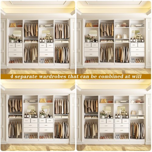 Unikito 100” Closet System with Drawers, 8.3FT Wood Closet Organizer with Hanging Rods and Mirror Design, Reversible Large Walk in Wardrobe Garment Rack with Shelves, Sturdy Closet Tower, White