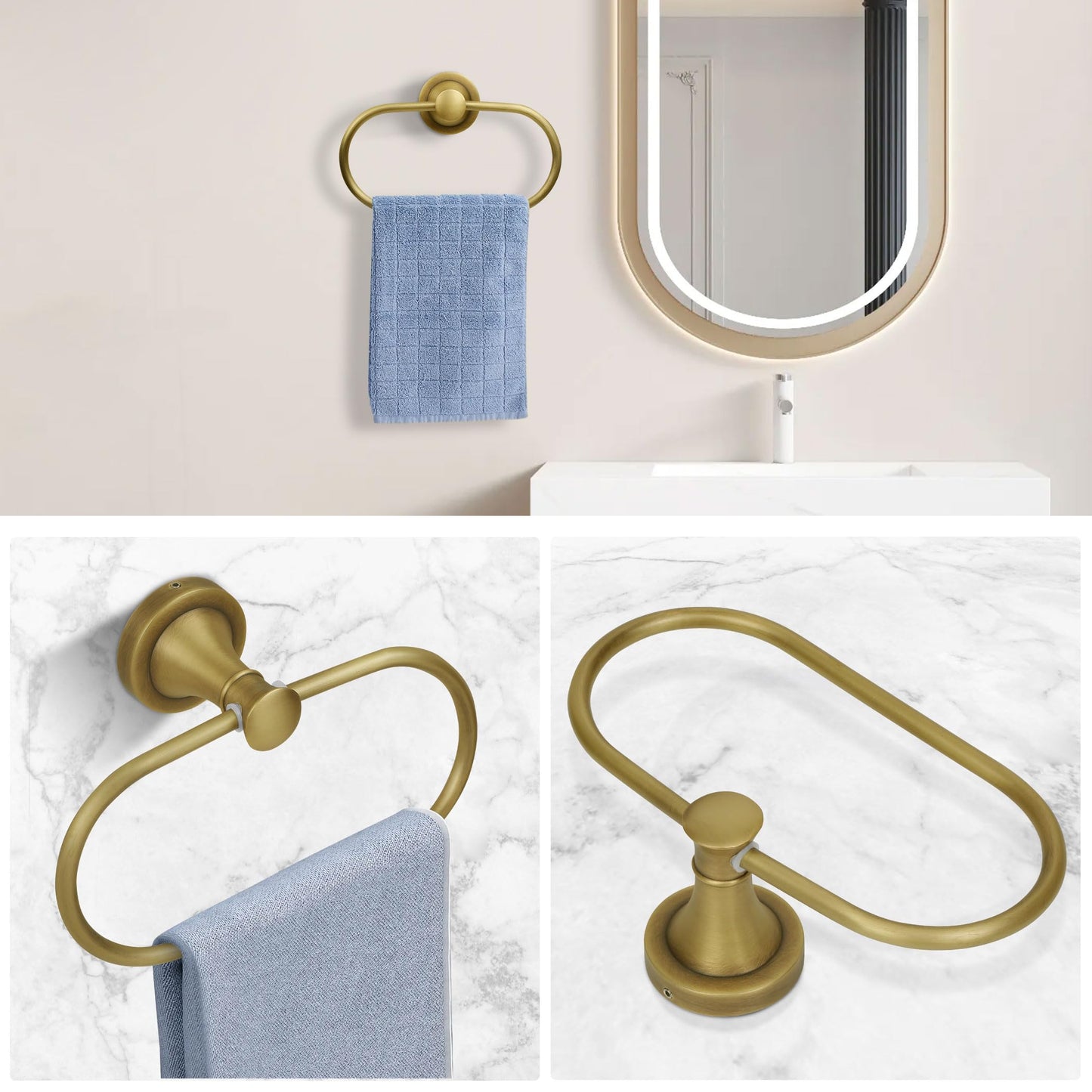 BRASEEY Brass Bathroom Hand Towel Holder, Antique Brass Towel Ring Holder, Wall Mounted Oval Towel Rack Hanger Home Half Round Bathroom Hardware Accessory Modern