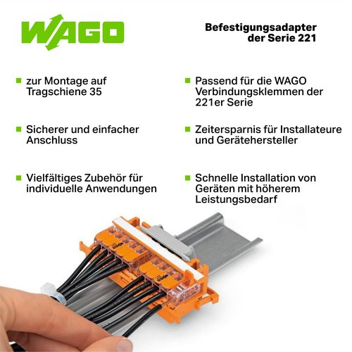 221-500 | WAGO Mounting Carrier | for 221 Series (24 – 12 AWG) | DIN-35 Rail/Panel Mount | Orange | [Box of 10 Pieces]