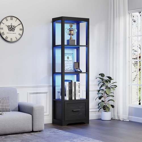 BROTTAR Display Shelf with 3 Color Light, Bookshelf with Drawer, Dimmable Display Cabinet for Collectibles, Bookcase, Display Case for Books, Trophies, Toys, Black