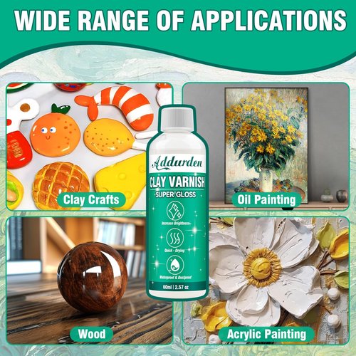 Addurden Air Dry Clay Varnish Glaze with 2 Brushes, Polymer Acrylic Varnish for Ceramics, Oil Painting, Wood, Waterproof, Preventing Crazing & Yellowing, High-Gloss Effect (Varnish-60ml)