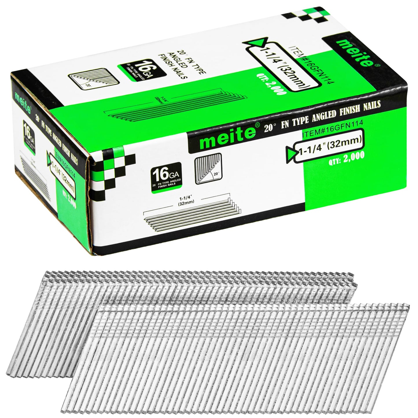 meite 16 Gauge 20 Degree Angled Finish Nails 1-1/4 Inch Leg Galvanized No-rust Finishing Nails for Finish Nailer Gun - Cabinet Crown Baseboard 10,000PCS