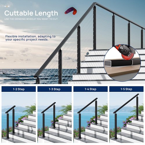 2 Pack 7FTx 2-3/8"x1-3/16 Aluminum Black Handrail with Nylon End Caps Self Drilling Screws, Rectangular Handrail Cuttable Flat Top Rail for Deck Stair Railing Indoor Outdoor Cable Railing System