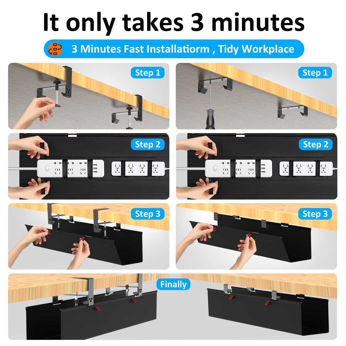 Cotohim Under Desk Cable Management Tray - Under Desk Cord Management - Clamp/Screw Mount - Fabric Wire Management - Cable Raceways Tray Cord Hiders for Office/Home (Black, 35.8"×5.6")