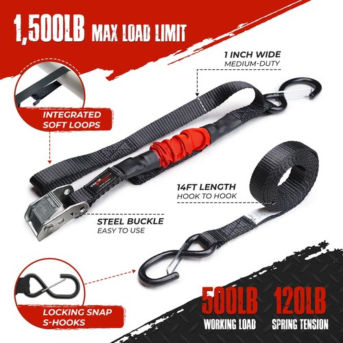 TorkStrap M500 | 14' x 1'' Self Tensioning Tie Down Straps - Automatically Adapt to Load Shifts - 1,500LB Break Strength - Pull Alternative to Ratchet Straps - Integrated Soft Loops & Hooks (4-PK)