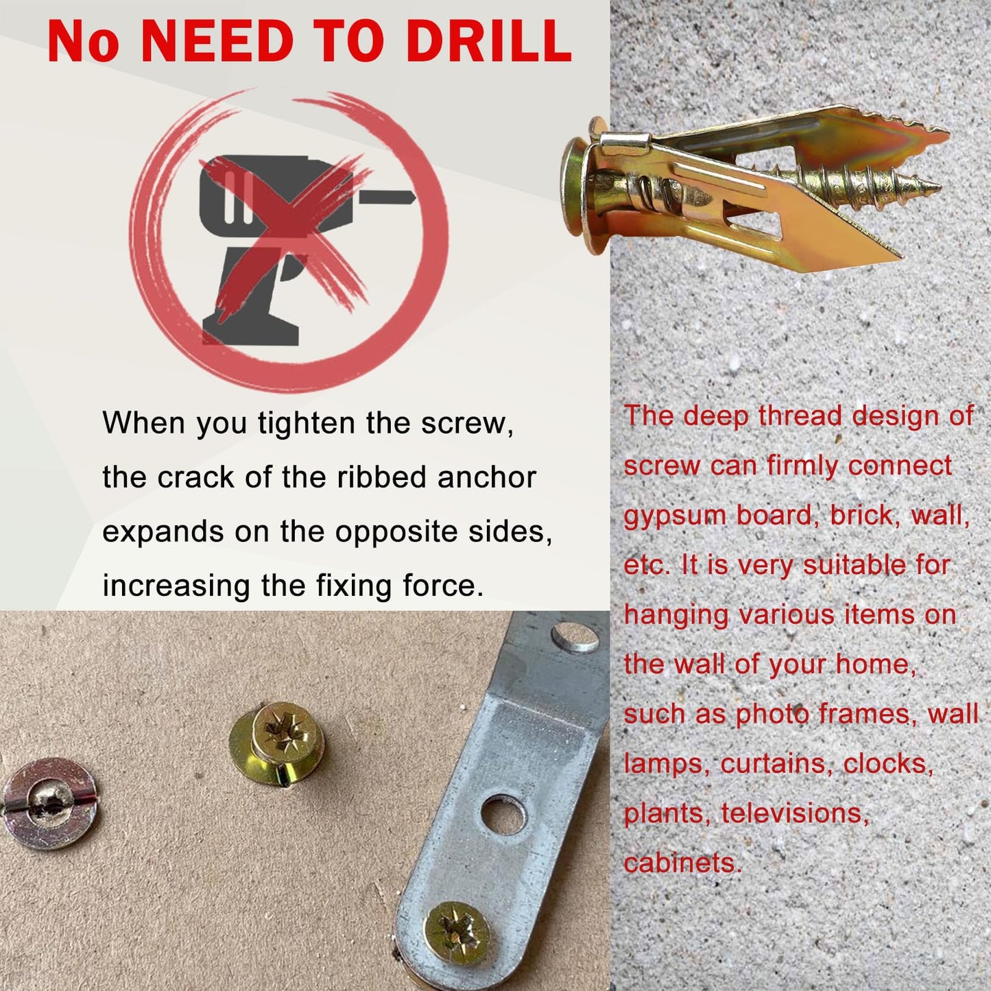 Sunxeke 160 Pcs Self Drilling Drywall Anchors with Screws,80 Sheetrock Anchors (0.47x1.18 Inch) & 80 Zinc Expansion Screws,2025 Upgraded Zinc Plated Steel,No Drill Needed,Hold 66LB for Wall Hanging