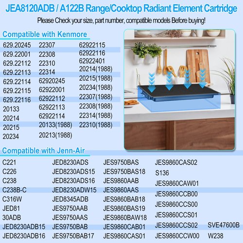 Upgraded A122B Radiant Cartridge Compatible with Jenn Air Cooktop Replacement Parts, Black Jenn-Air Radiant Cartridge JEA8120ADB Electric Slide-In Range for Whirlpool Kenmore Jennair Cooktop Parts