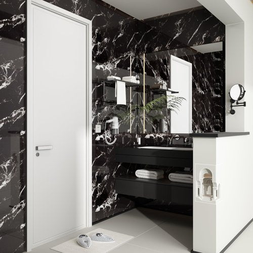 Haimin Wall Panels Peel and Stick 10 Pieces 23.6x11.8in (19.4 Sq. Ft. Coverage) Lightweight Backsplash Marble Look Tile (not Real Marble) Ideal for Kitchen Bathrooms Living Rooms Bedrooms (Black-JGH)