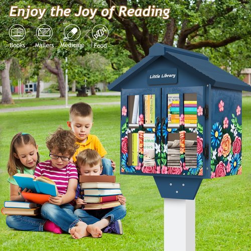 Amcortn Little Library Box Outdoor Free Library Kit, Updated Double Doors Literature Little Library Box, Wood Cabinet Book Storage for DIY Nameplate, Neighborhoods, Community, Schools Sharing Books