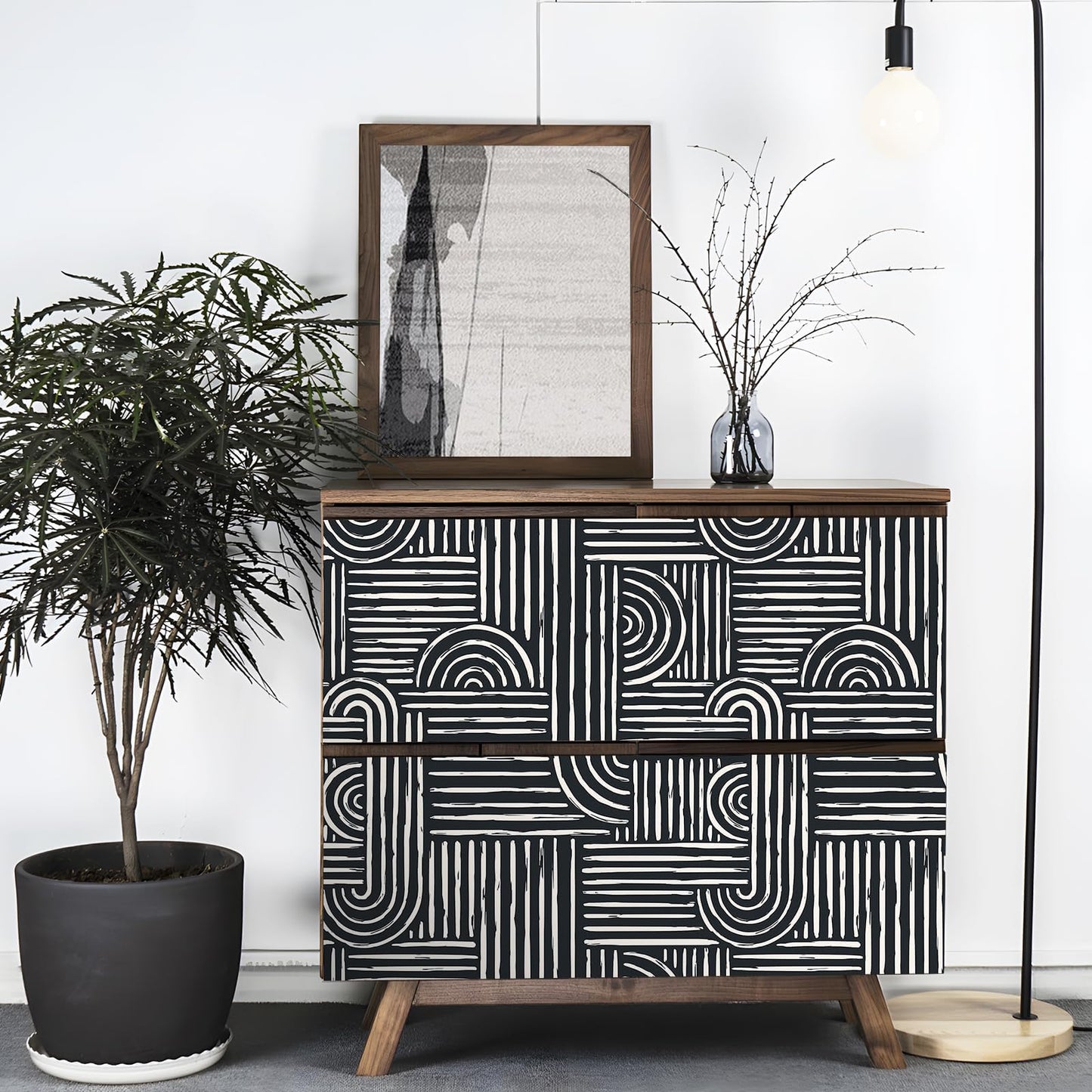 Livelynine Geometric Peel and Stick Wallpaper Black and White Modern Mid Century Geometric Abstract Wall Paper Contemporary Minimalist Lines 17.5x78.8 Geometric Pattern Contact Paper for Cabinets