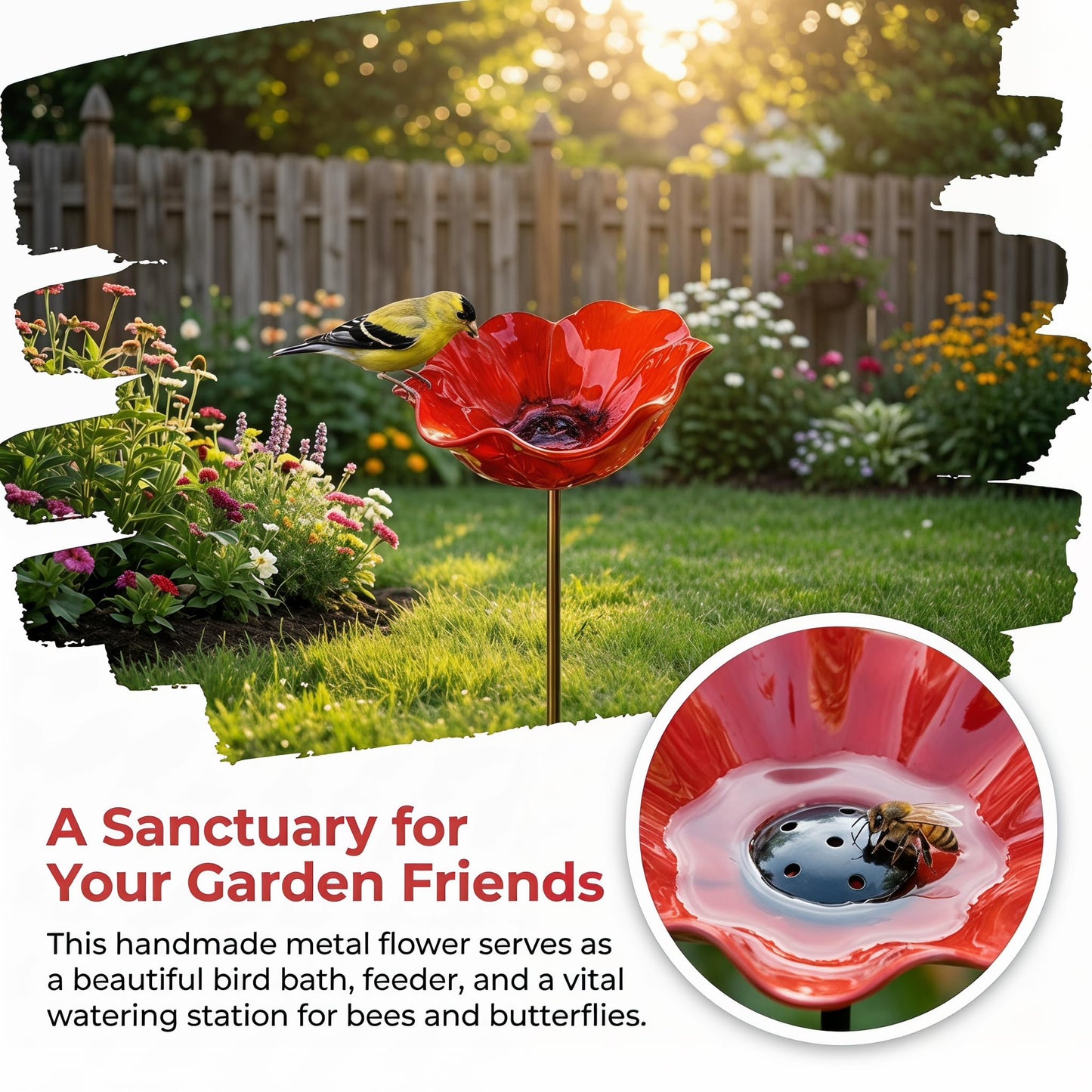 2026 Metal Flower Bird Bath, Bird Feeder & Bee Watering Station, Handmade Metal Flower Stand, Unique Garden Decor for Outdoor Yard. (Blue, 6 inches in Diameter)
